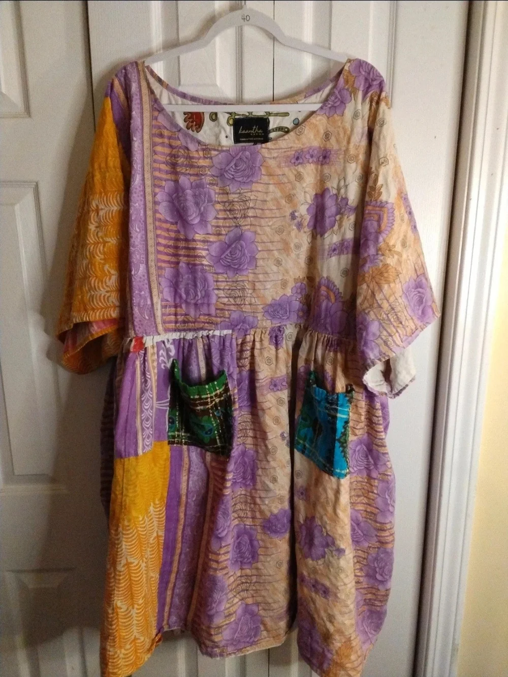 Kantha Patchwork Babydoll Dress Mixed Print Boho Artisan Pockets